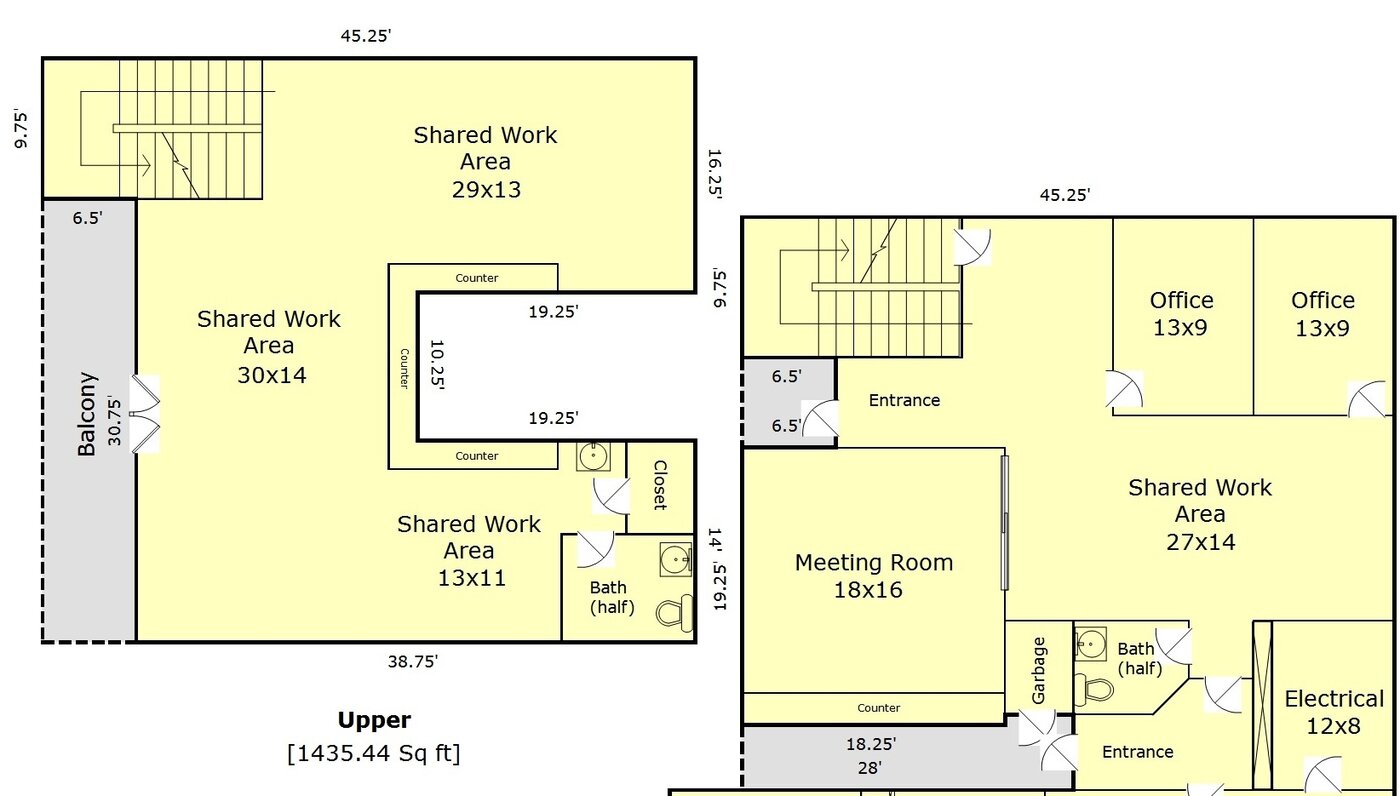 Two-level floor plan for 2,823 SF creative office space at 1815 NW Overton St Slabtown Portland with room dimensions
